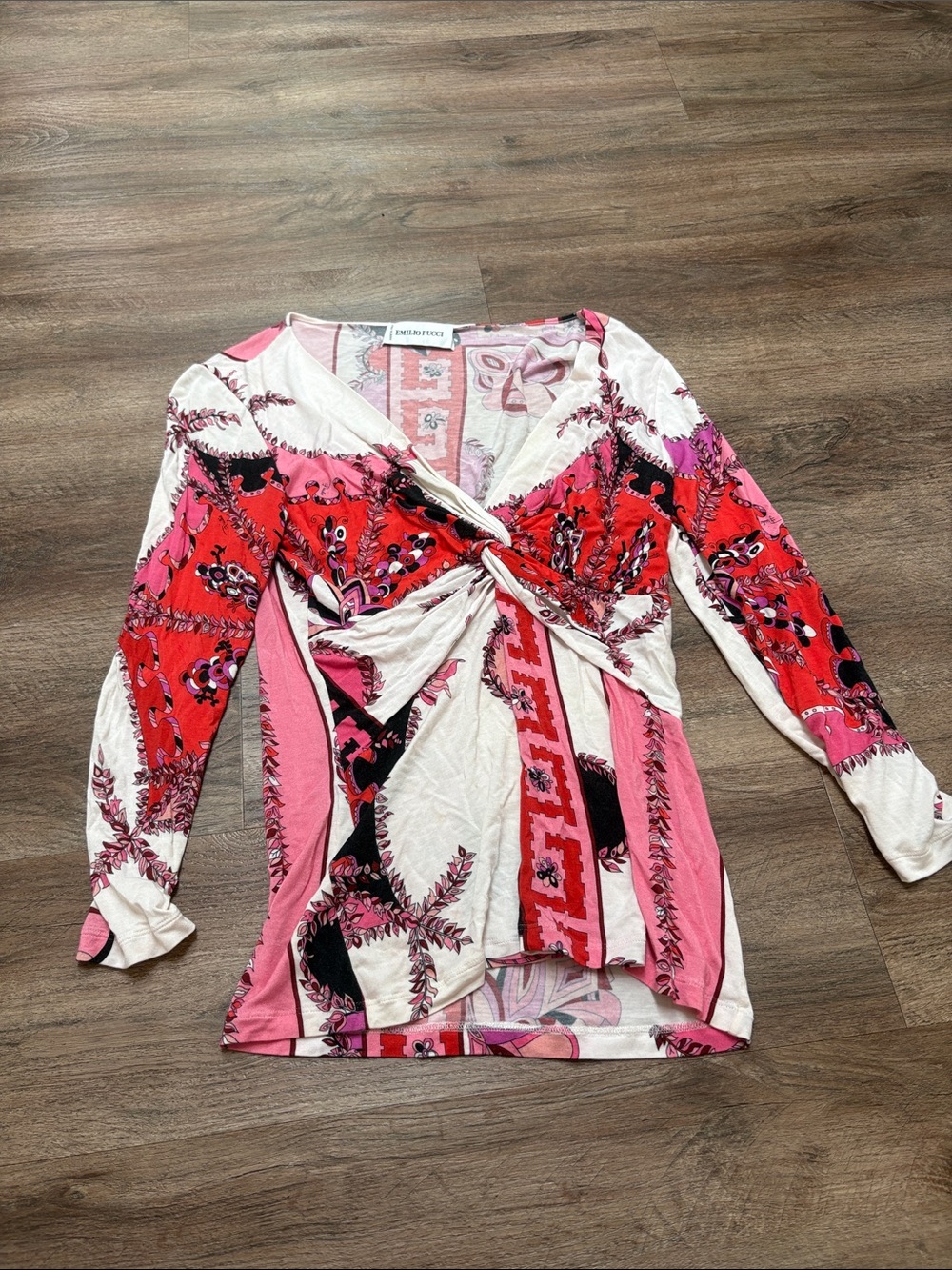 Emilio Pucci Pink Red Floral Twist-Front Long Sleeve Blouse